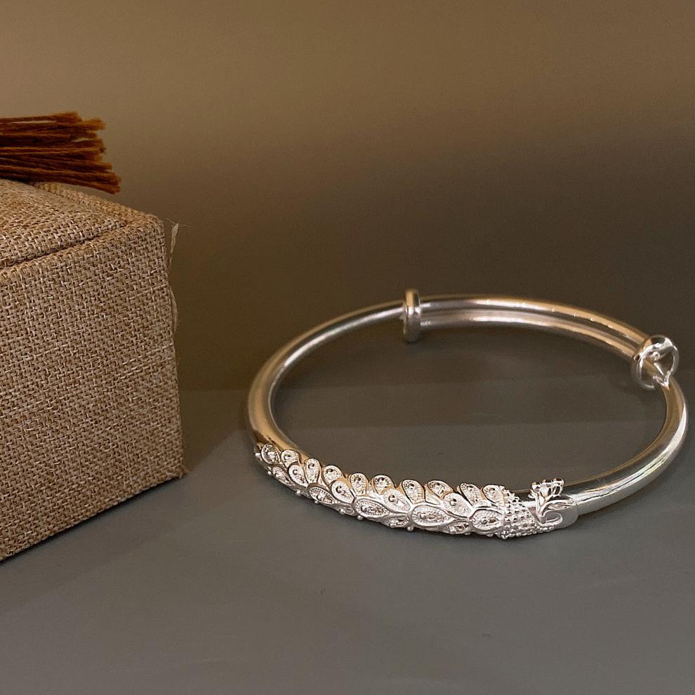 tshe银手镯女花丝999足银推拉感凤凰孔雀繁花送妈妈婆婆镯子孔雀电银