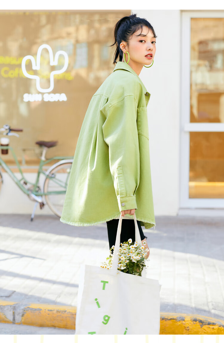 新品乐町简约牛仔外套2021春季新款纯色女宽松牛仔蓝现货m