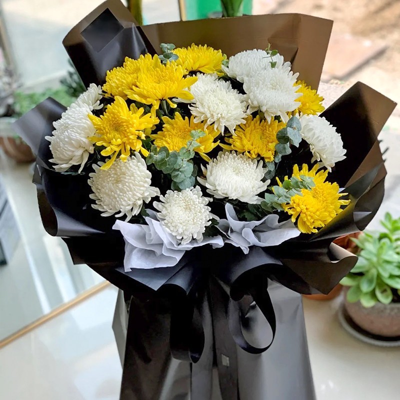 插画鲜花速递全国同城配送菊花丧礼鲜花祭奠祭祀追悼鲜花9朵黄色菊花