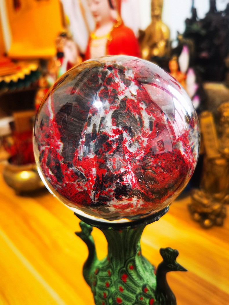 简梓湘西朱砂原石风水球客厅办公室摆件天然辰砂100mm原石透光朱砂球