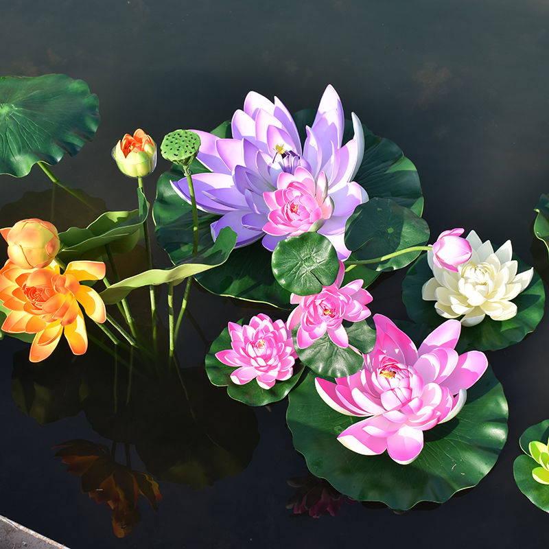 仿真荷花荷叶水池塘装饰造景塑料假睡莲花鱼缸供佛舞蹈道具摆件 紫色