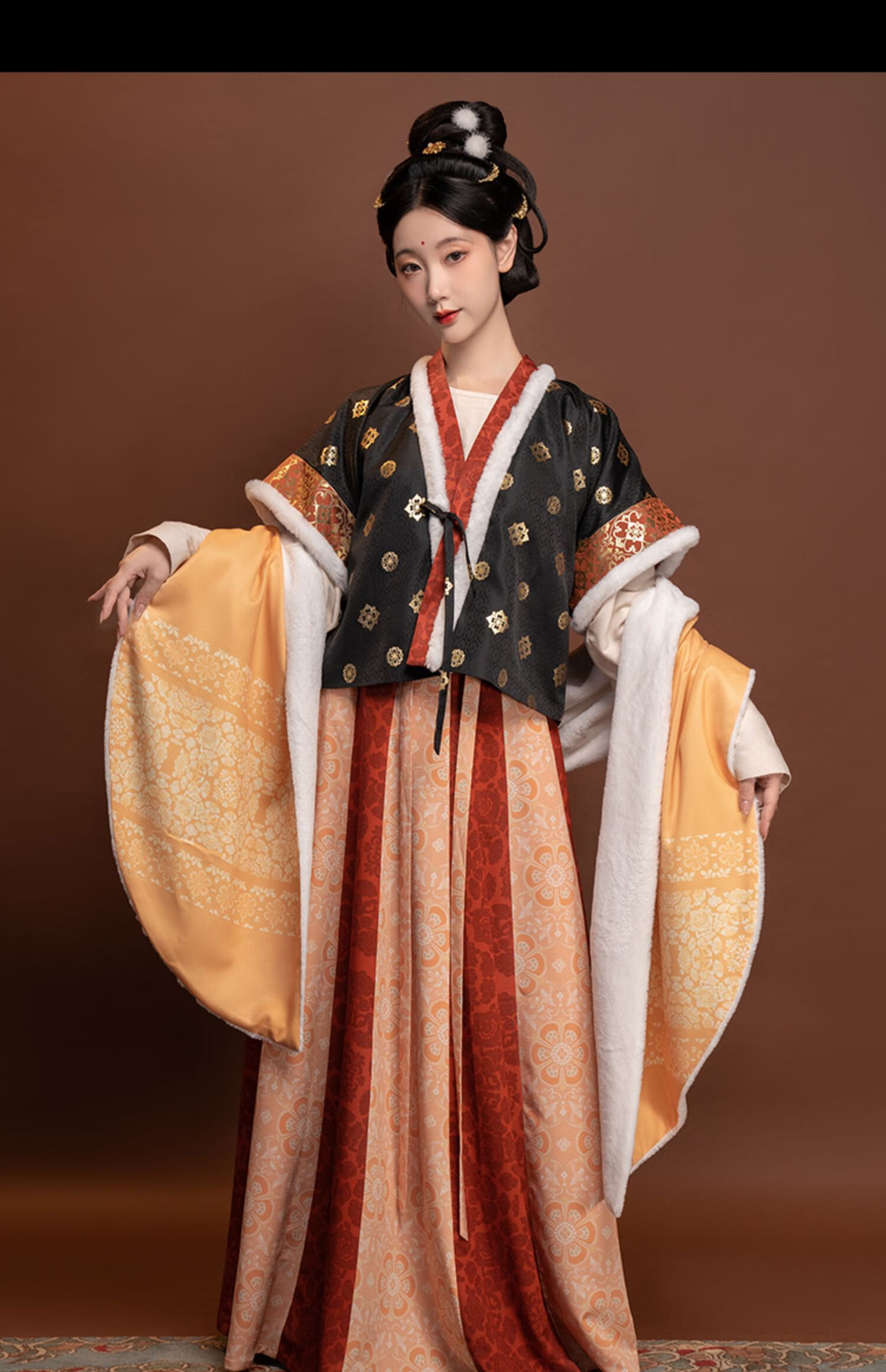 秋冬汉服女 裳宫语咚咙咚唐制汉服女织金背子圆领袄齐腰破裙整套加厚