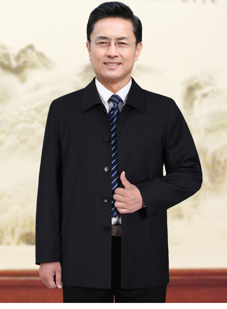 领导干部翻领夹克男外套中老年男标准型春秋薄款上衣老年人爸爸装 黑