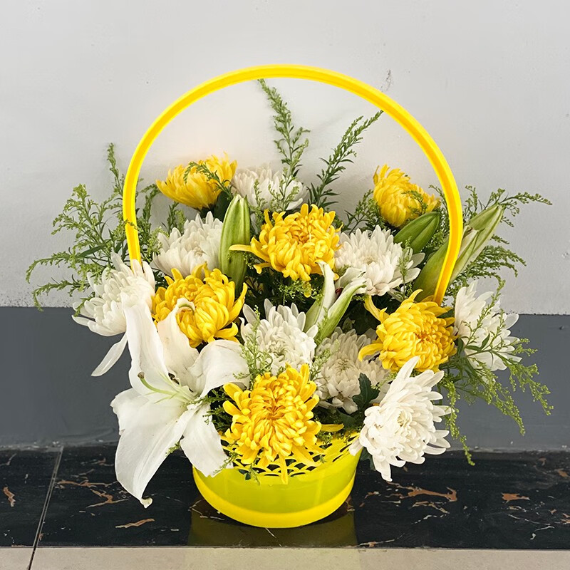 重阳节祭祀鲜花送花上门 全国同城配送 11朵黄白菊花混搭花束-黄莺款