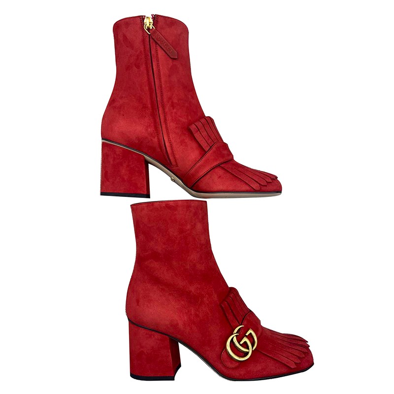gucci古驰女士经典红色磨砂皮marmont流苏短靴at408210c2000红色意码