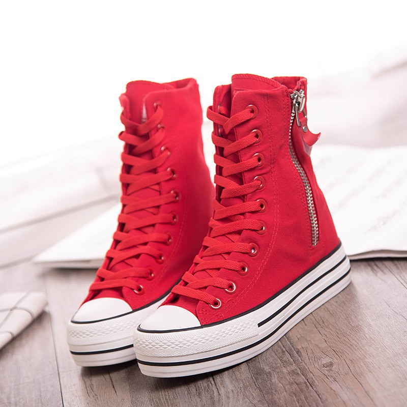 帆布鞋女高颜值高帮厚底夏款拉链大红色松糕布单鞋高筒布靴舞蹈小白鞋