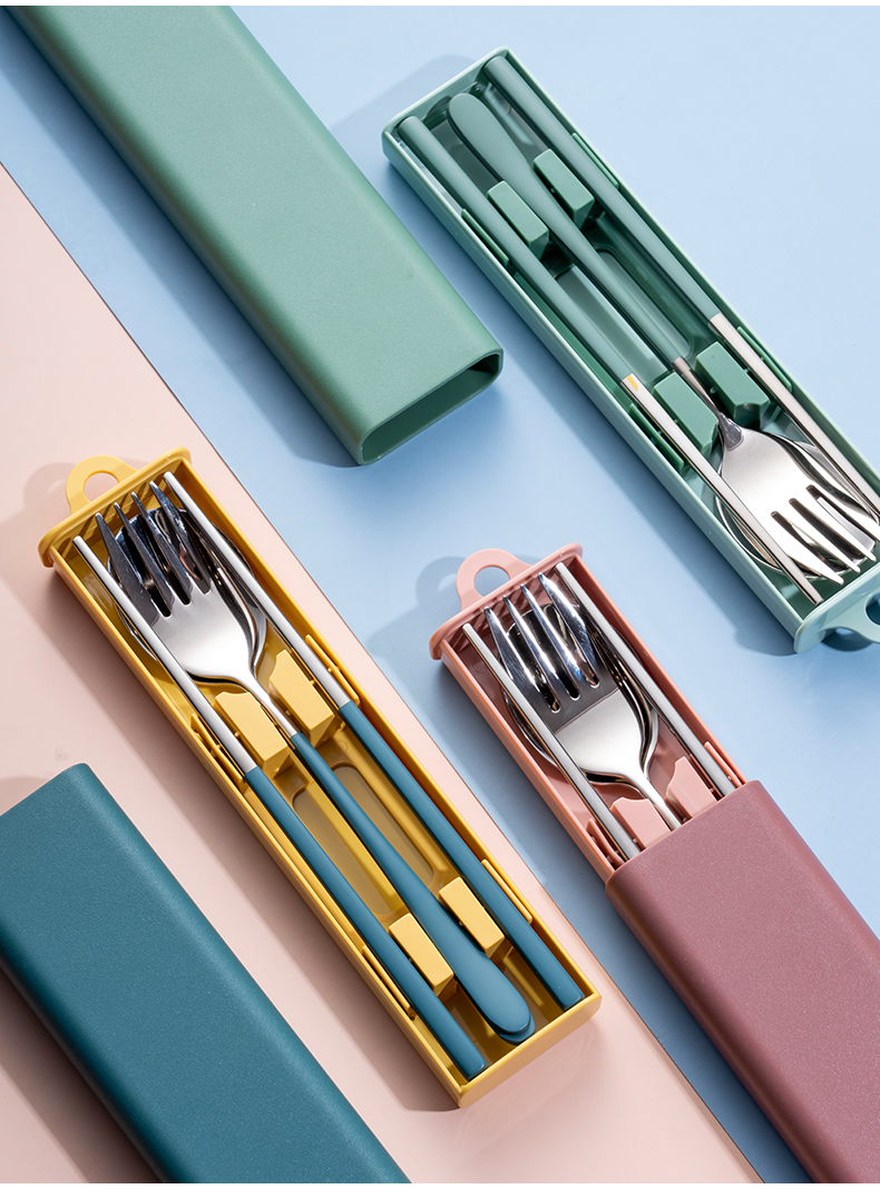 onlycook便携式餐具学生筷勺套装外带不锈钢筷子勺子叉收纳盒粉色筷勺