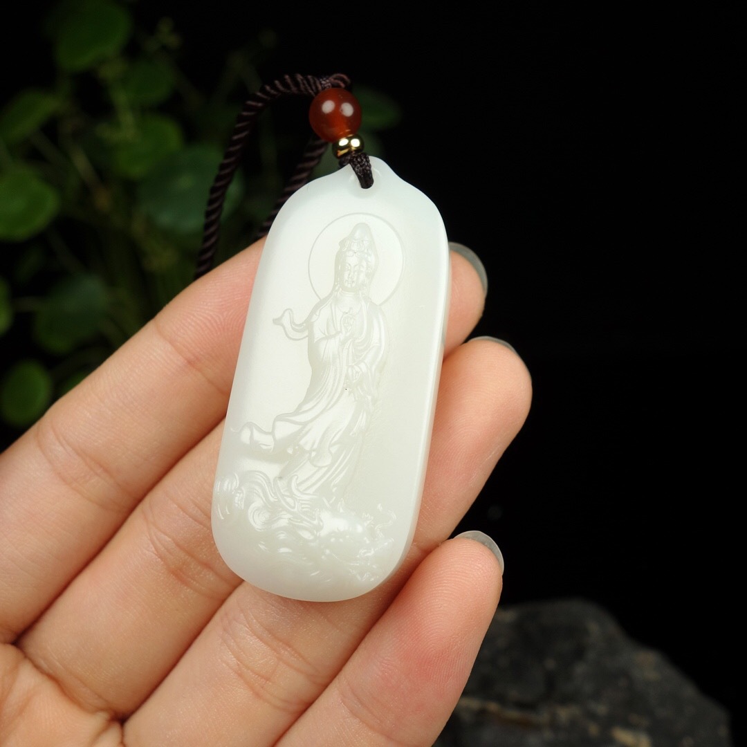 k&k宝钰男女情侣玉石项链玉佩和田玉白玉佛光南海观音菩萨牌子吊坠玉