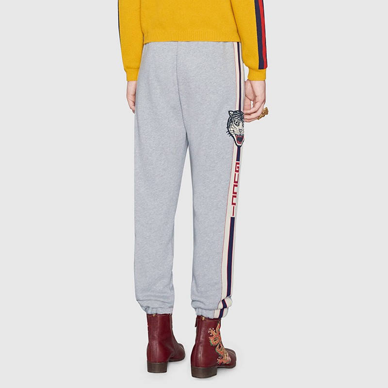 gucci 古驰男装 新款男女通用棉质条纹拼饰休闲运动卫裤 灰色497252