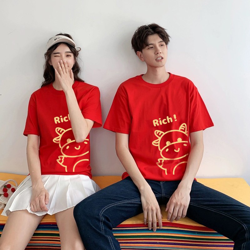 牛年本命年短袖过年喜庆红色衣服女装t恤2021新年拜年洋气情侣装班服