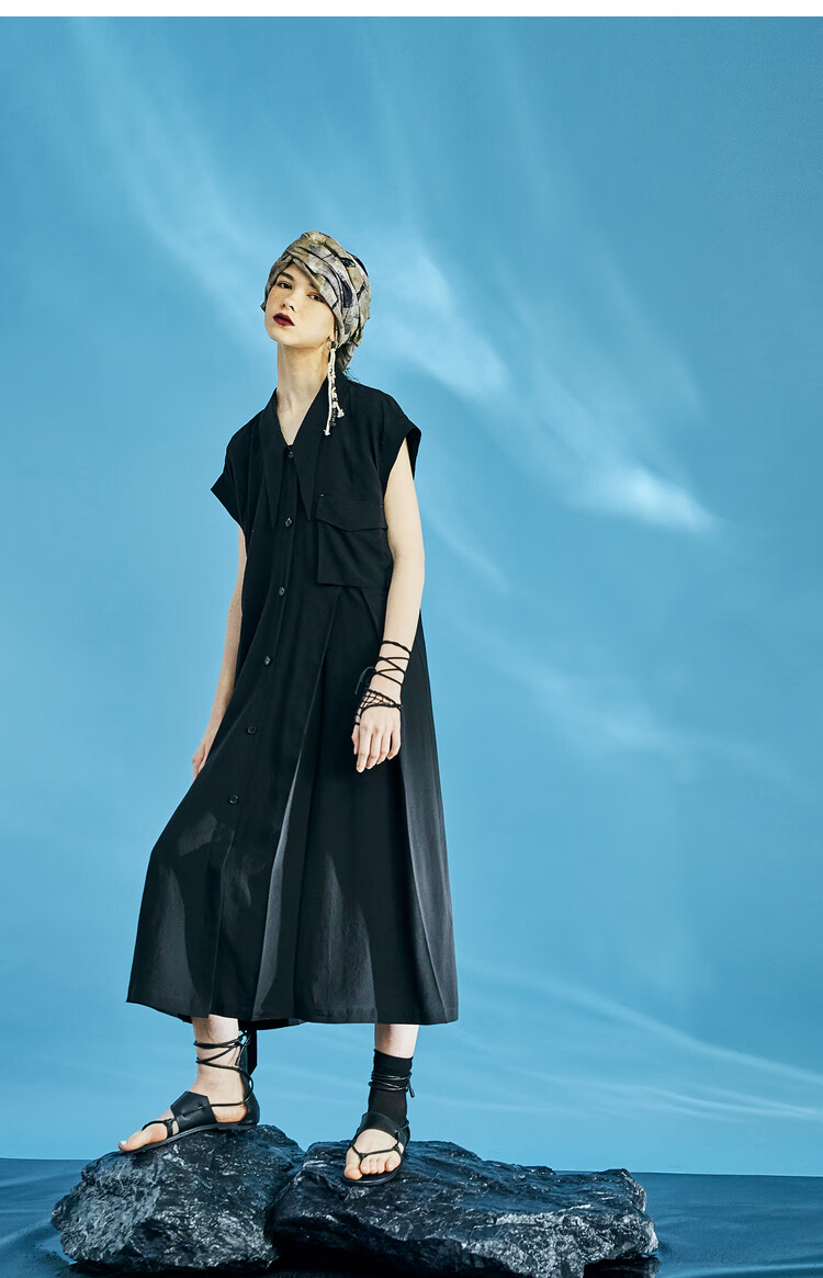 日着原创设计感女装2021夏新款宽松短袖衬衫领小众裙子女连衣裙孤岛黑