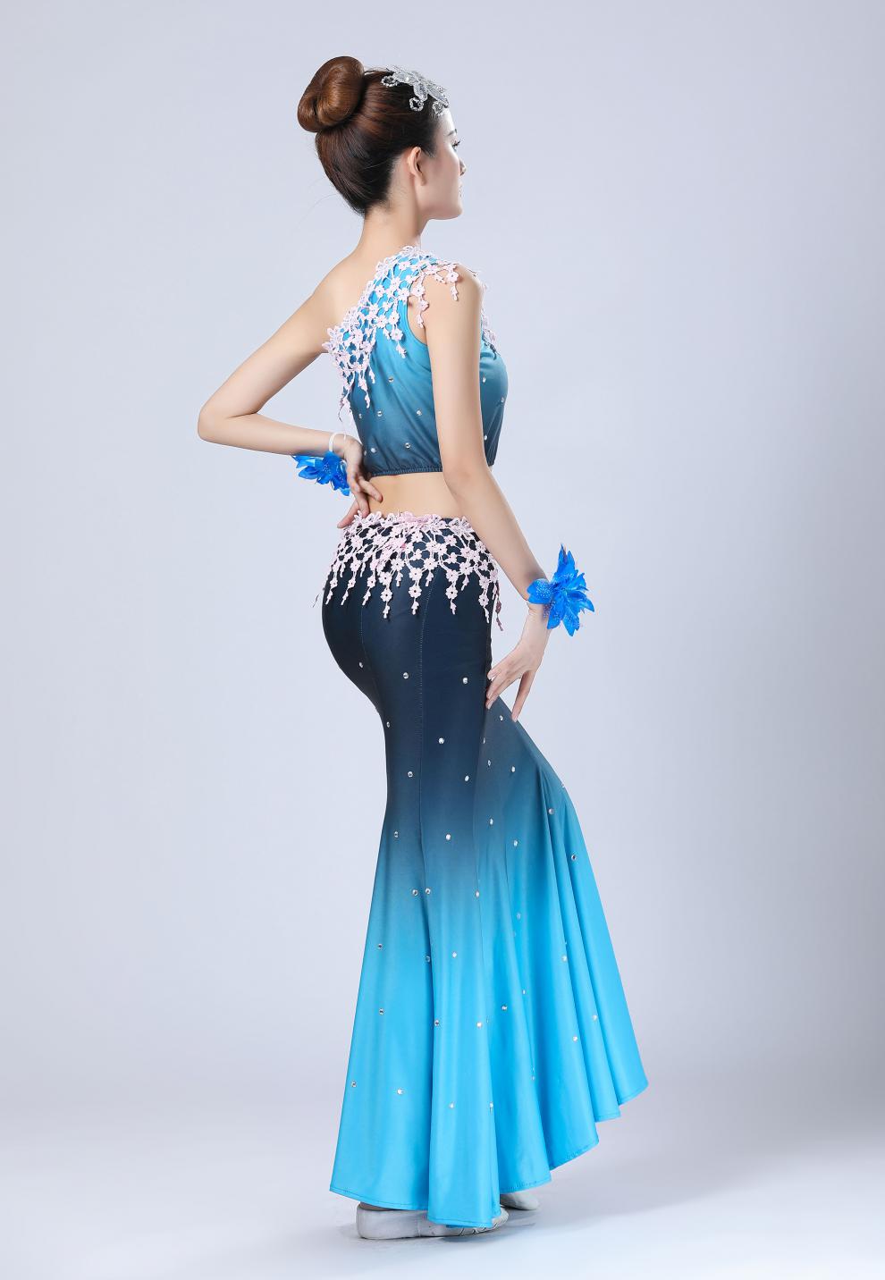 傣族裙傣族舞蹈演出服傣族服装女傣族艺考服 蓝白色有钻单条裙子 送 m