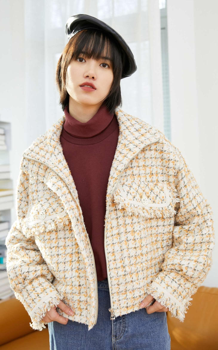 only2020冬季新款格纹图案设计小香风版型口袋外套女121136011 h3z