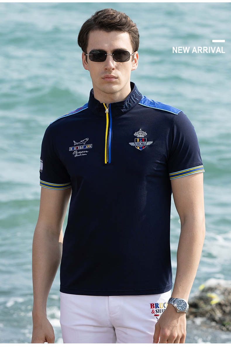 意大利鲨鱼2021夏季新款休闲百搭t恤男士短袖polo衫潮牌立领刺绣男