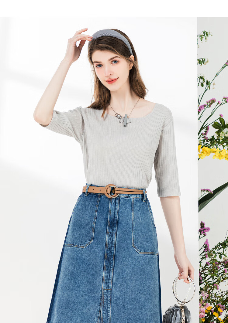 圆领针织衫女薄款佳人苑2021夏季新款五分袖中袖纯色黑色线衫上衣