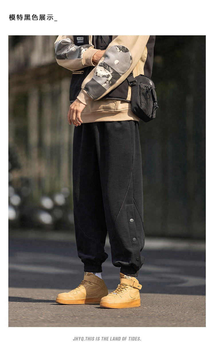 净化眼球秋冬自制休闲裤男潮牌针织排扣宽松休闲束脚休闲裤男黑色加厚