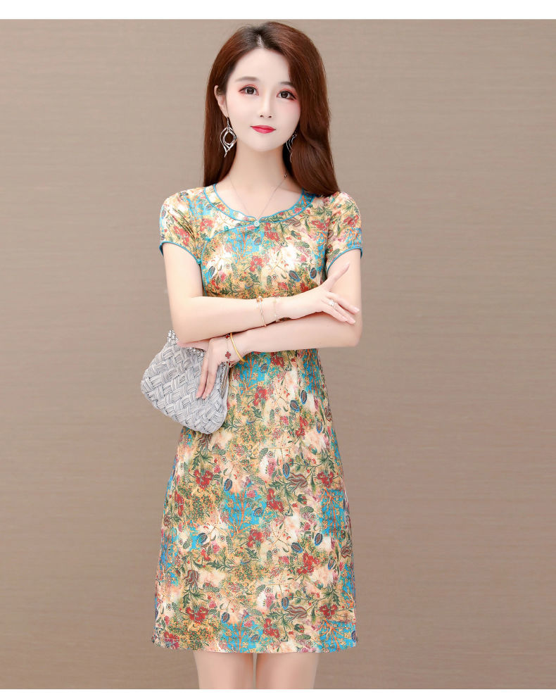2021夏装新款修身显瘦旗袍裙短款中年低领改良中国风旗袍连衣裙女