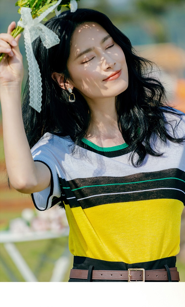 熙然2022夏季新款气质清爽透气宽松舒适撞色条纹短袖t恤女上衣柠檬黄m