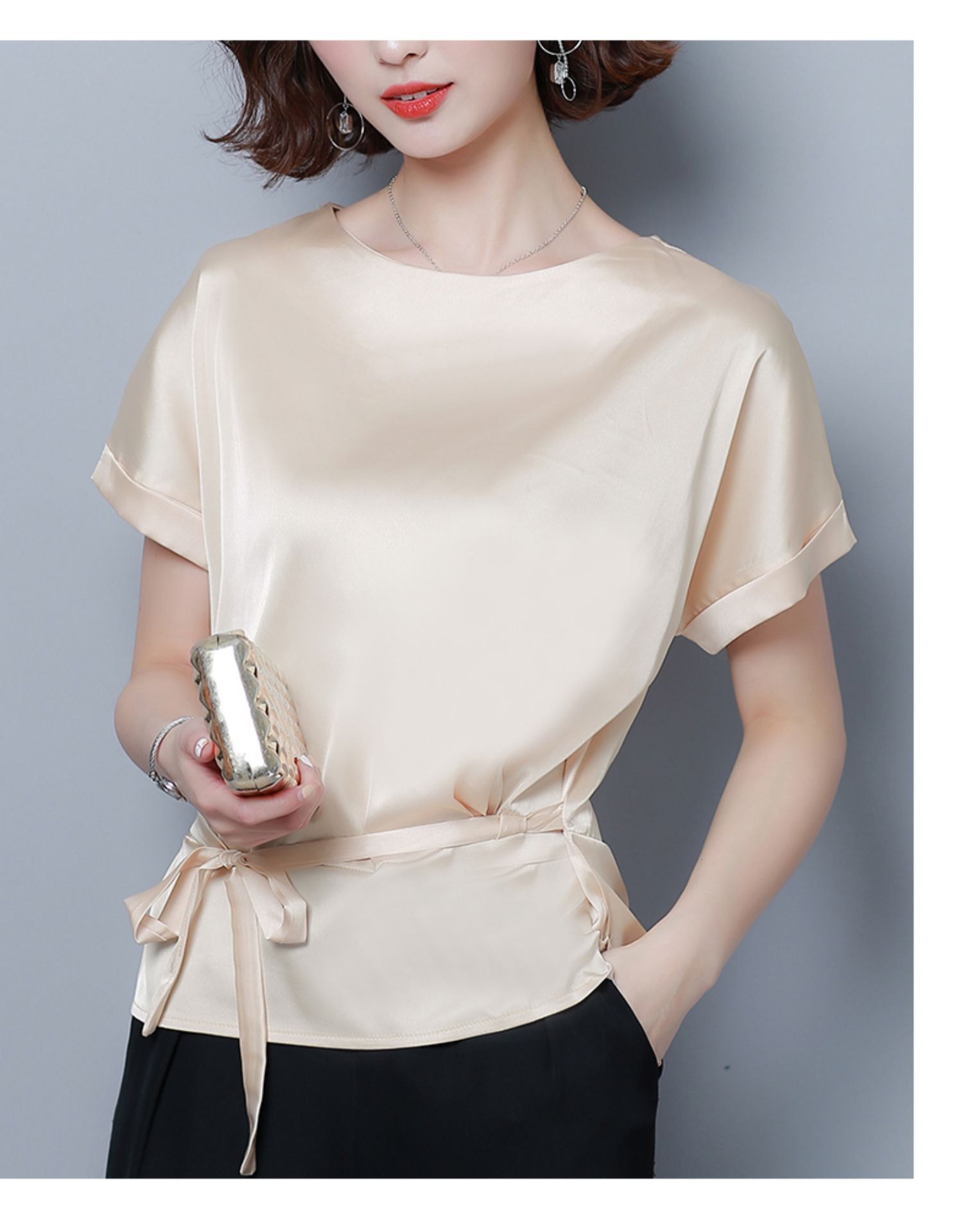 轻奢女装含真丝短袖t恤女2021夏季时尚贵太太半袖卡腰小衫短装上衣