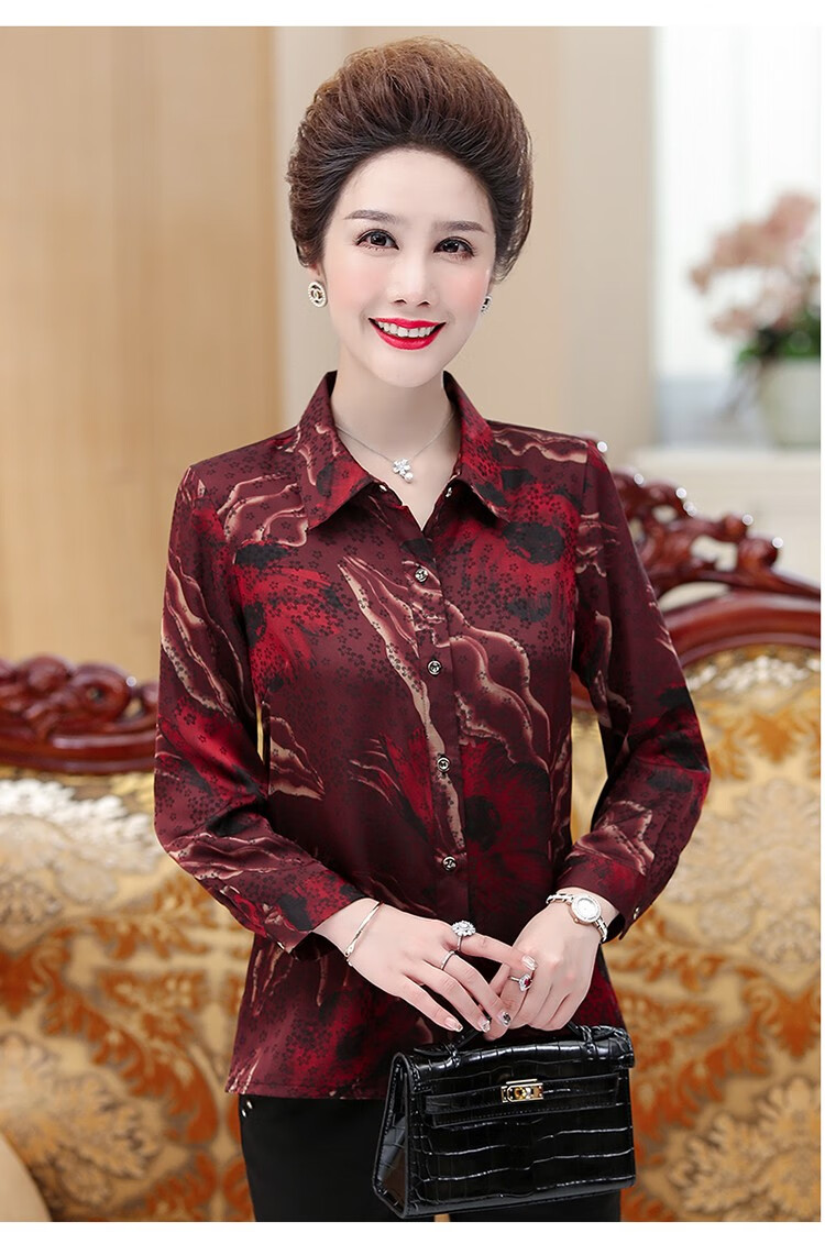 柏漫丝 女王轻奢中老年女装新款仿真丝衬衫春装长袖花色上衣服妈妈装
