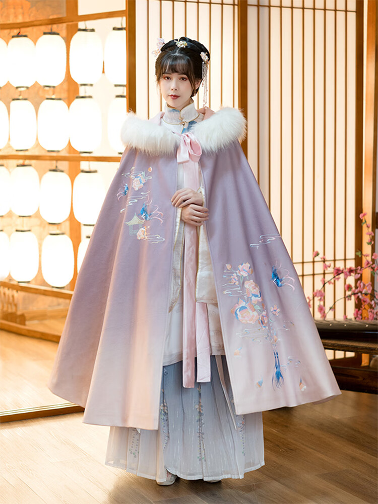 汉服斗篷女冬长款加绒加厚保暖披肩中国风紫色披风外套古装 豆绿色