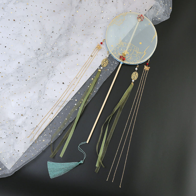 成品手工宫扇汉服古装长柄流苏团扇diy古风饰品圆扇 刺绣复古扇子 2孔