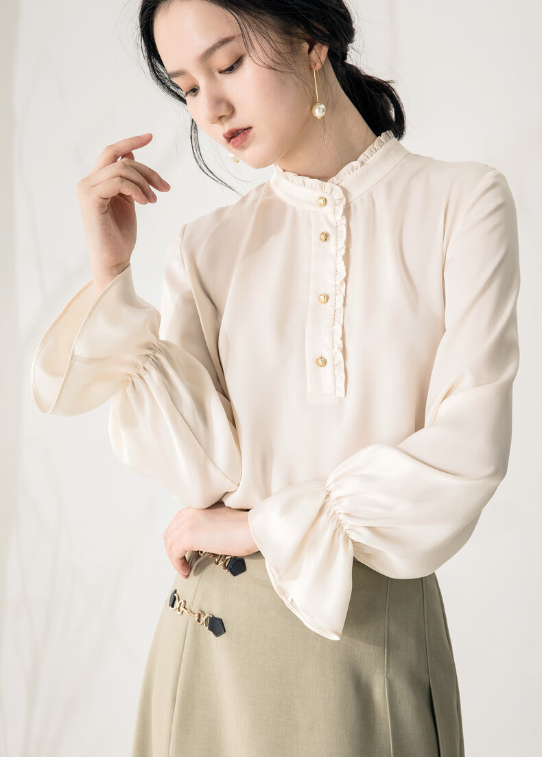 yifini易菲高级感气质套头宽松衬衣女早春新款木耳边小立领衬衫a01s39