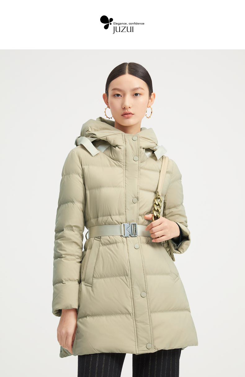 玖姿燕麦色休闲中长款都市时尚女羽绒服外套juzui2021冬季新款花米色s