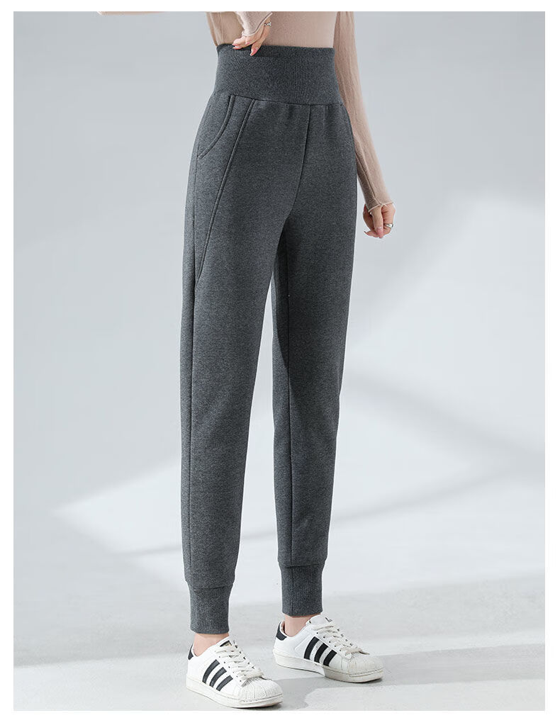 恒源祥彩羊旗舰官方店休闲女裤新品21年秋冬新款灰色高腰加绒加厚羊羔