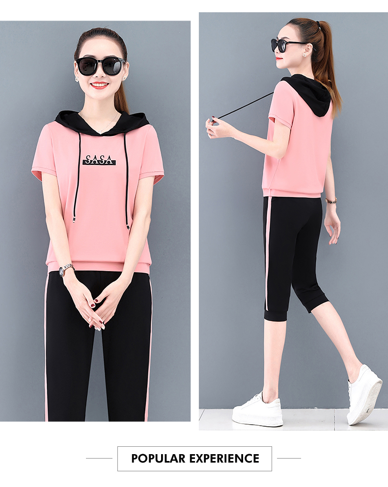 余今品牌七分短裤休闲运动套装女夏天时尚洋气跑步运动风连帽女装两件