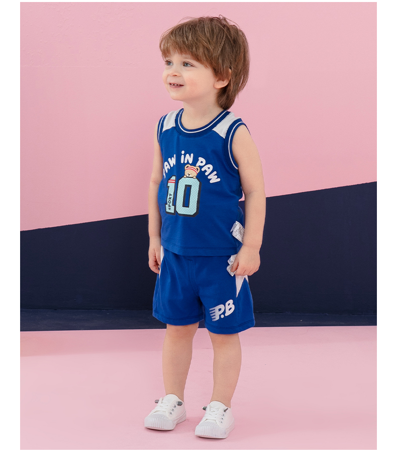 pawinpawbaby卡通小熊童装男宝宝运动风套装背心短裤字母街头blue蓝色
