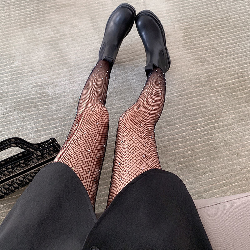 戈森驰黑丝女网红流行丝袜女薄款烫钻镂空渔网袜春夏季jk性感打底袜