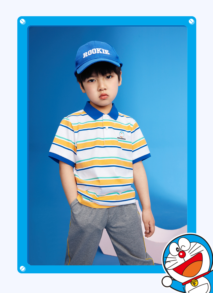 hla海澜之家hla/海澜之家哆啦a梦童装polo衫撞色条纹新疆棉上衣儿童hn