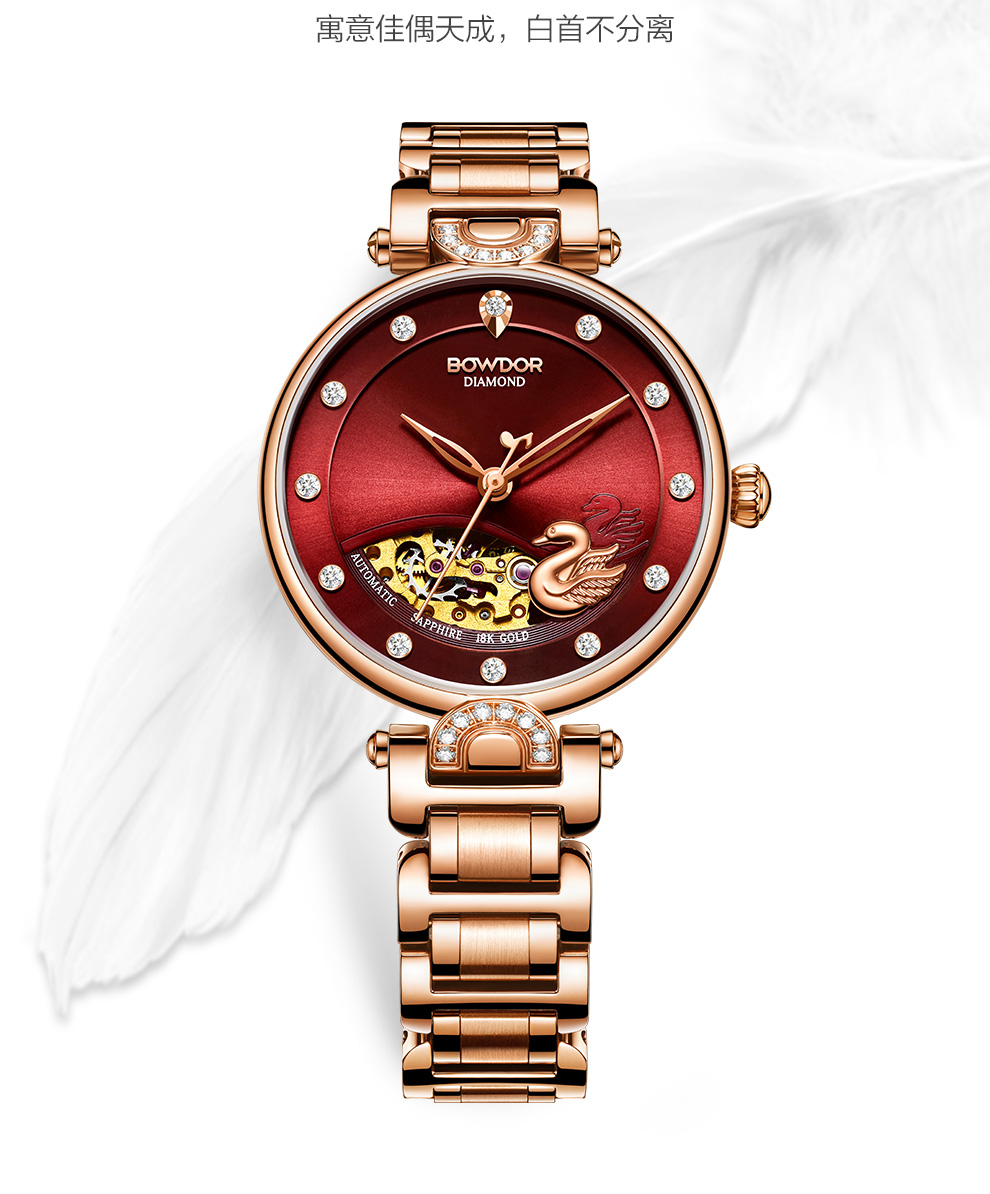 宝舵bowdor手表女天籁之声天鹅湖新品镶钻防水进口全自动机械优雅钢带