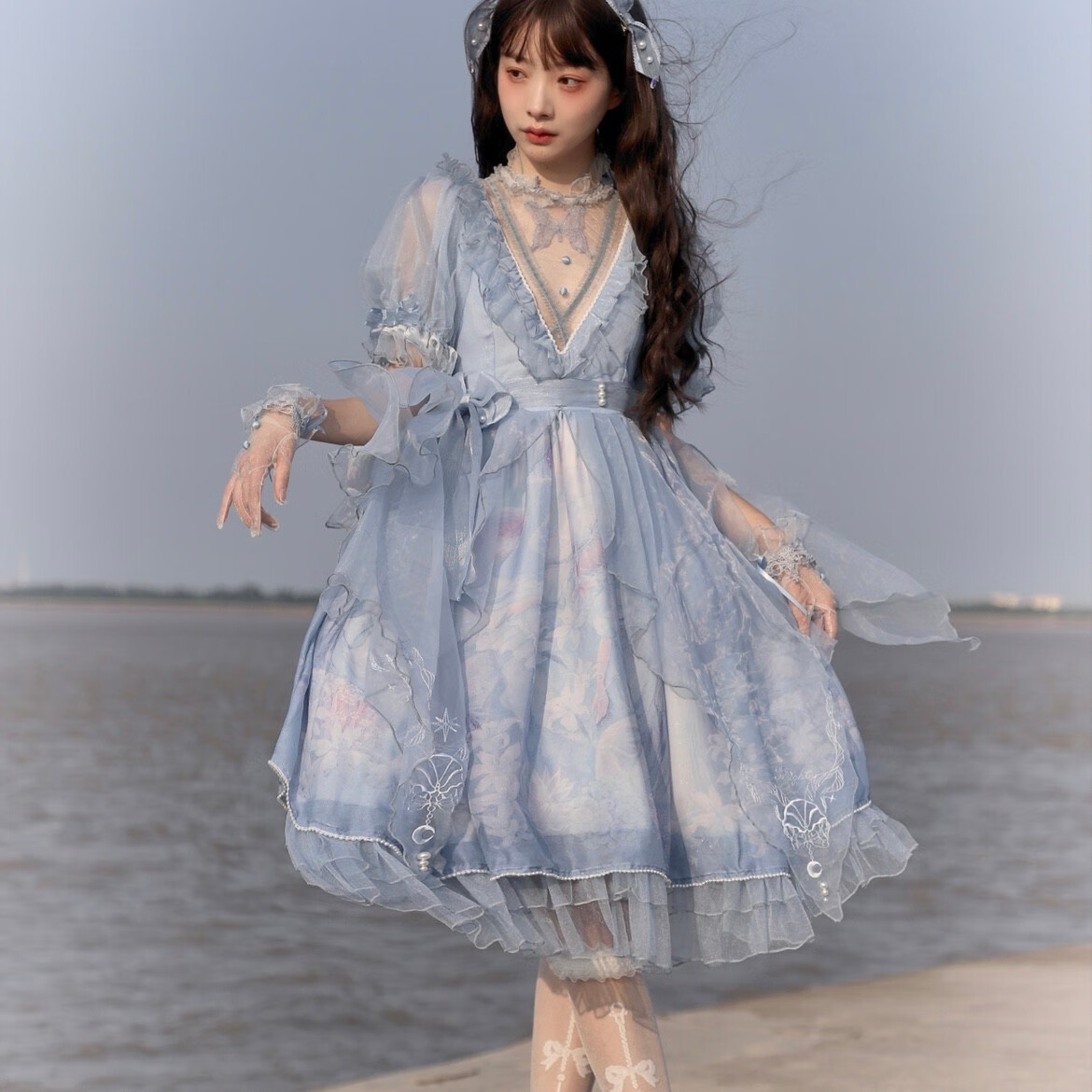 深海医院原创正品华丽珍珠刺绣lolita洛丽塔op洋装甜美连衣裙浅蓝色op