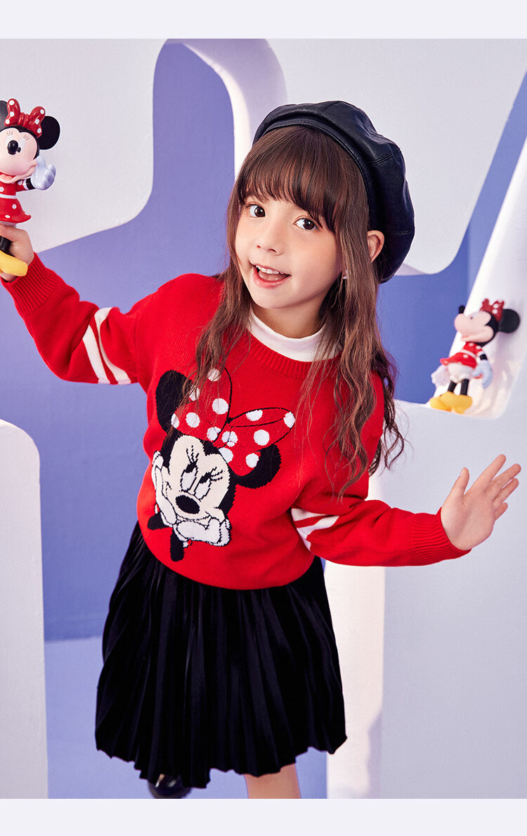 太平鸟童装minipeace童装女童撞色米妮套头毛衣2021春季新款 红色 120