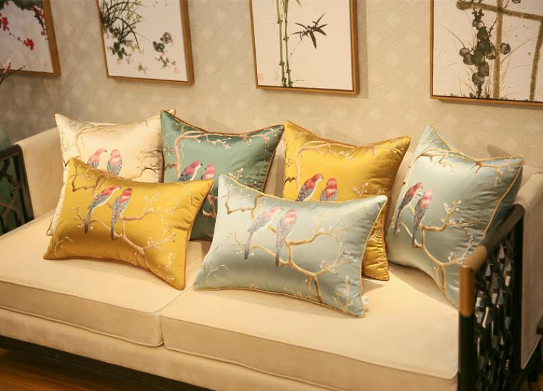 新中式抱枕红木沙发枕头靠枕客厅现代实木家具椅子靠垫套大号含芯鸟语