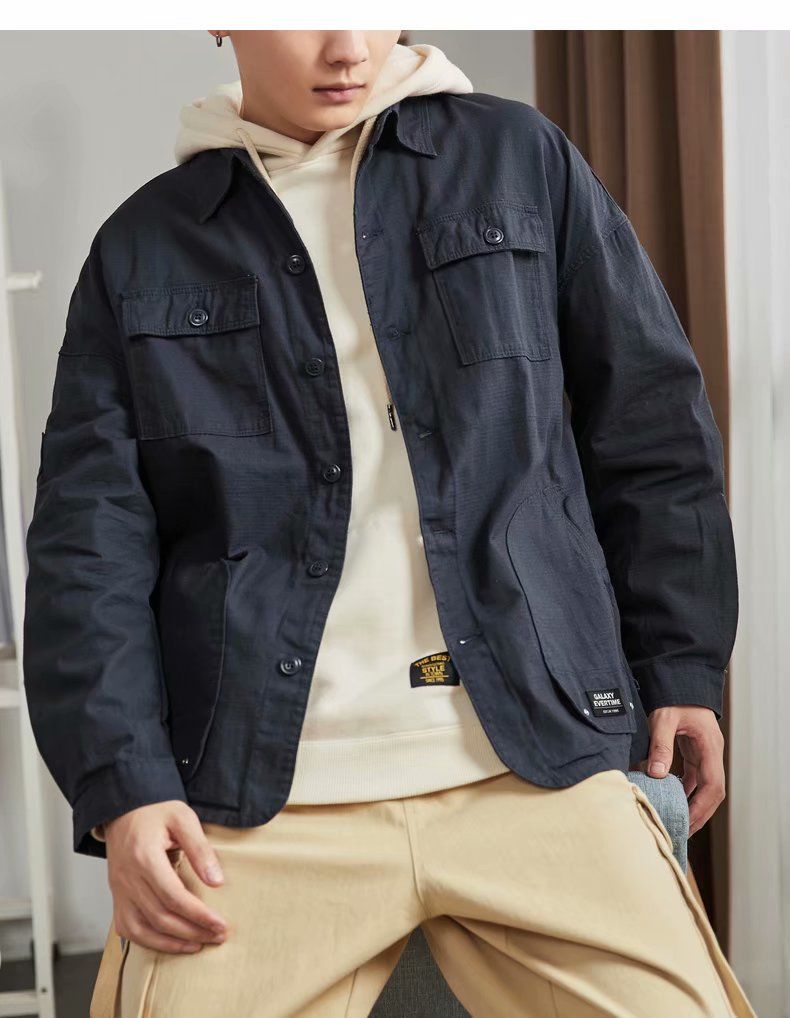 【迈瑞身】美式工装衬衫男长袖春秋军事风多口袋夹克日系复古宽松外套