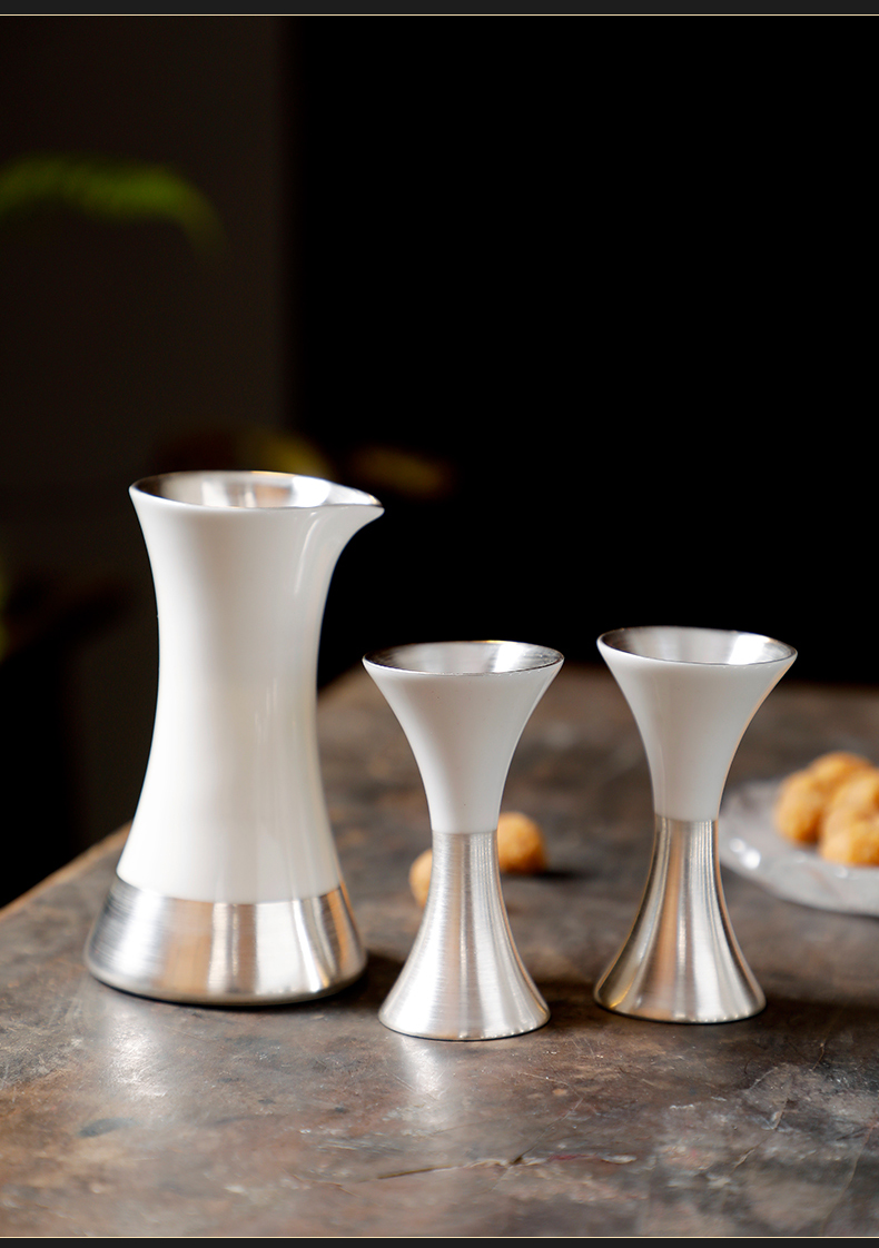 棠纪tonekey鎏银白酒杯具羊脂玉陶瓷分酒器酒具套装温酒器999纯银仿古