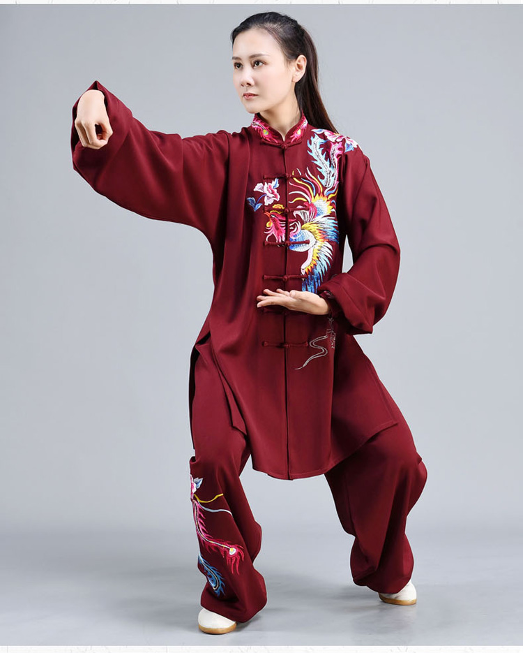 梦太极新款男女龙凤太极服春夏透气天丝麻枣红修身款中国风表演服