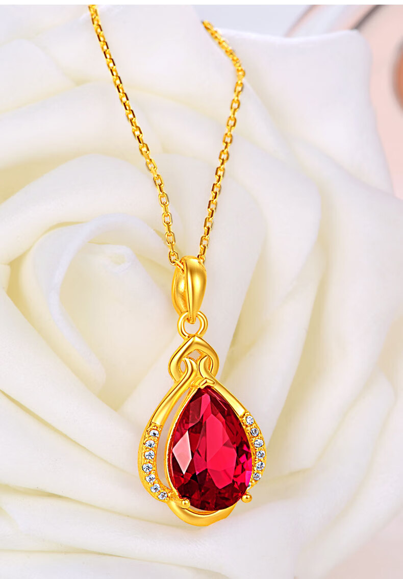 999黄金项链女水滴黄金吊坠红宝石细款潮生日礼物送女友送亲人订婚