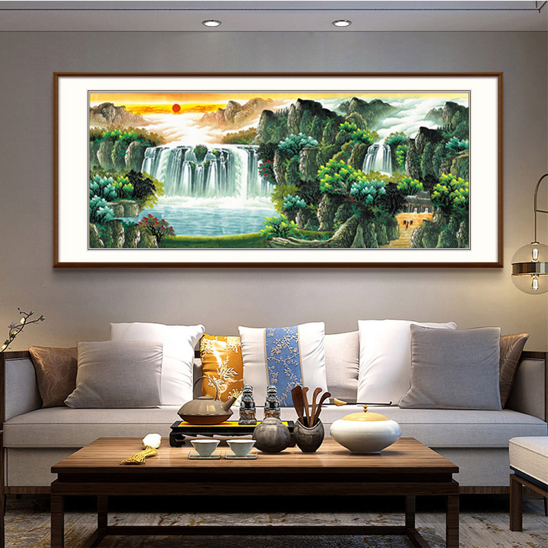 山水画客厅风景现代新中式客厅书房办公室沙发背景墙挂画旭日东升风水
