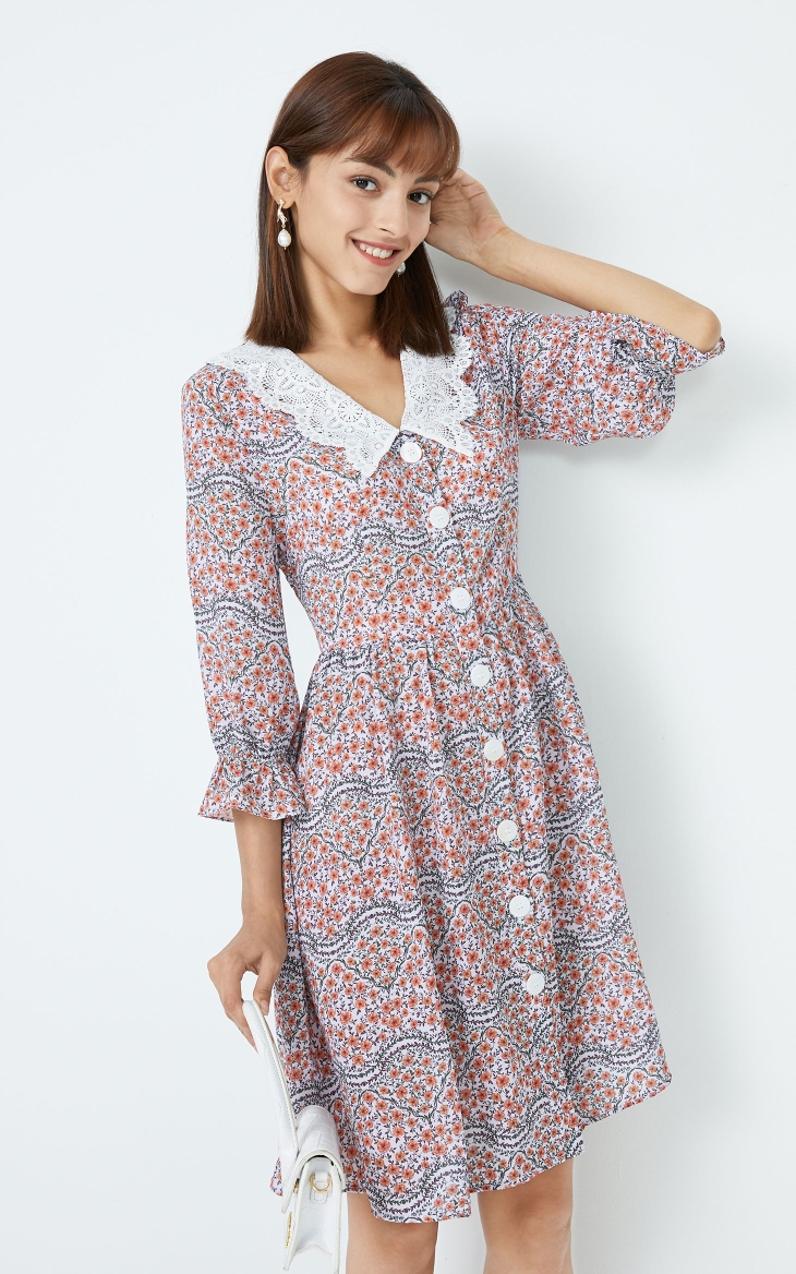 vero moda秋季新款复古田园翻领碎花七分袖连衣裙32037c024 c13卡其色