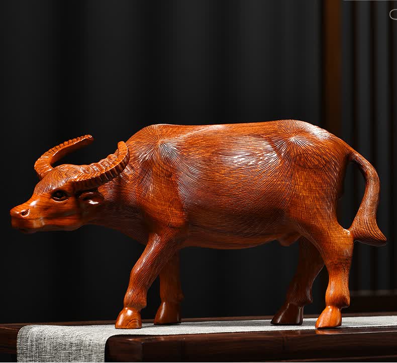 杞瑾木雕摆件牛实木头雕刻动物生肖家居客厅办公司柜台电视柜工艺礼品