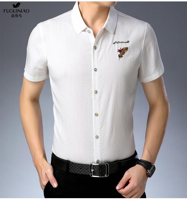 富贵鸟衬衣男中年男士亚麻衬衫夏季半袖寸衫土国潮上衣色麻布衣服 f