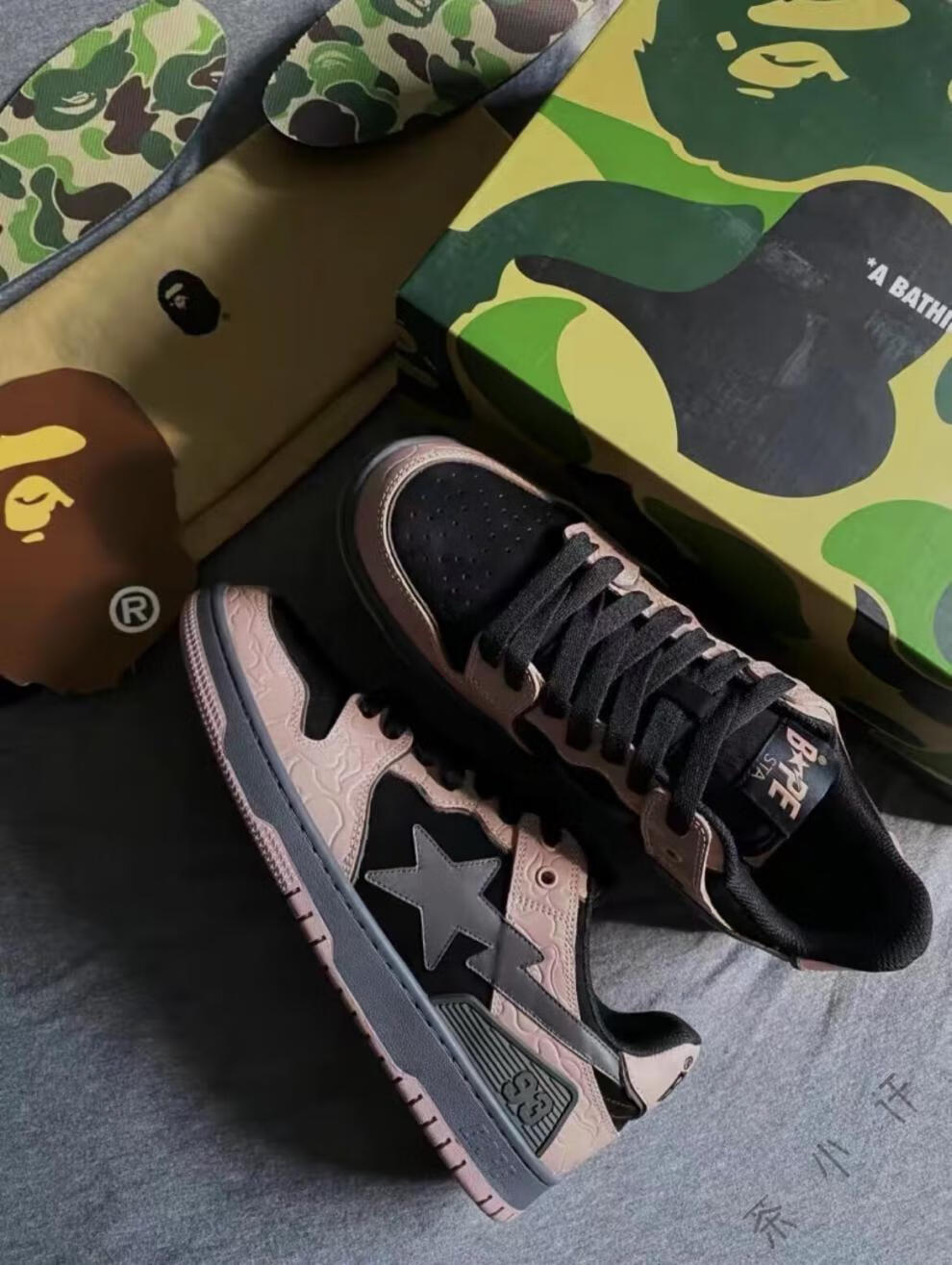 bape sk8 sta 王嘉尔同款低帮猿人头暗纹闪电迷彩滑板休闲鞋 蓝绿