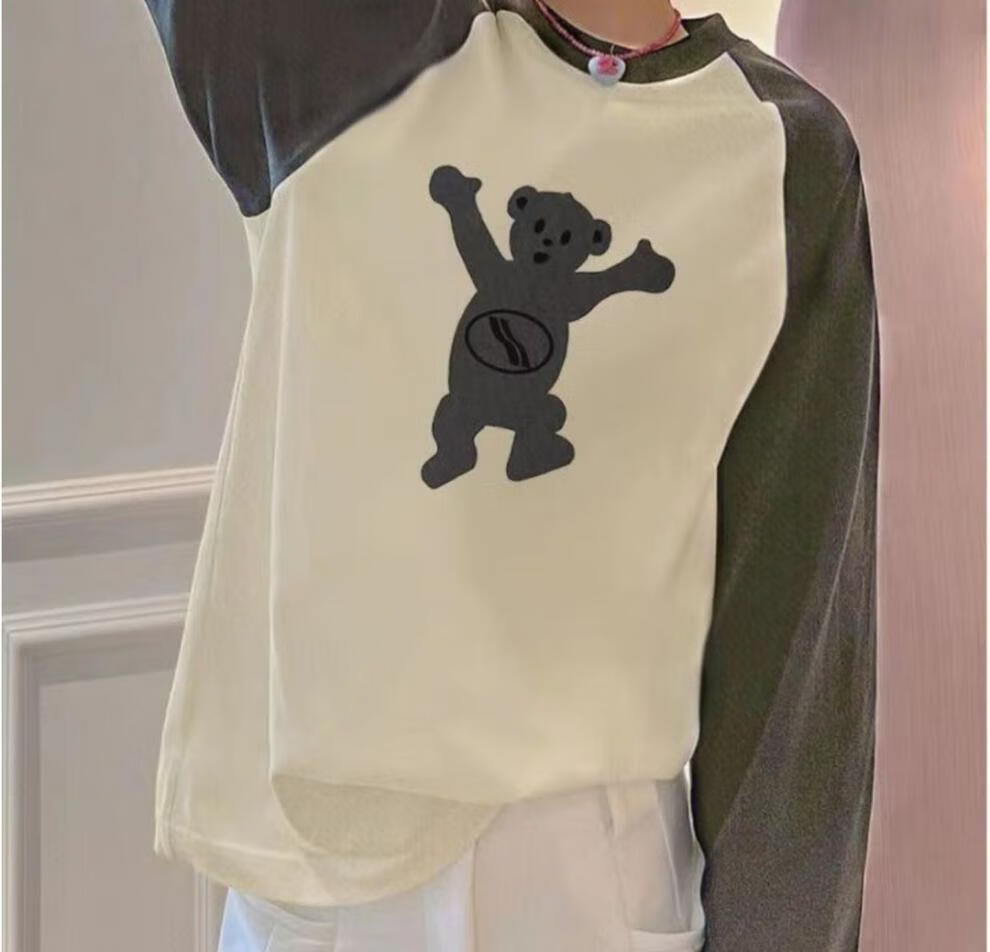 小哥we11done22ss秋季限定款植绒拼接落肩袖小熊打底卫衣长袖welldone