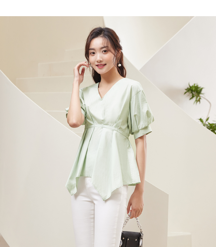 纯色上衣女佳人苑2021夏季新款气质v领短袖百搭小衫收腰显瘦衬衫 粉色