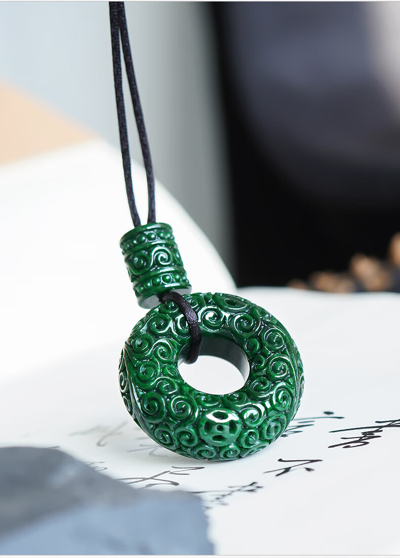 百博翡翠花青怀古平安扣吊坠精雕满绿复古平安环玉坠挂件天然缅甸玉石