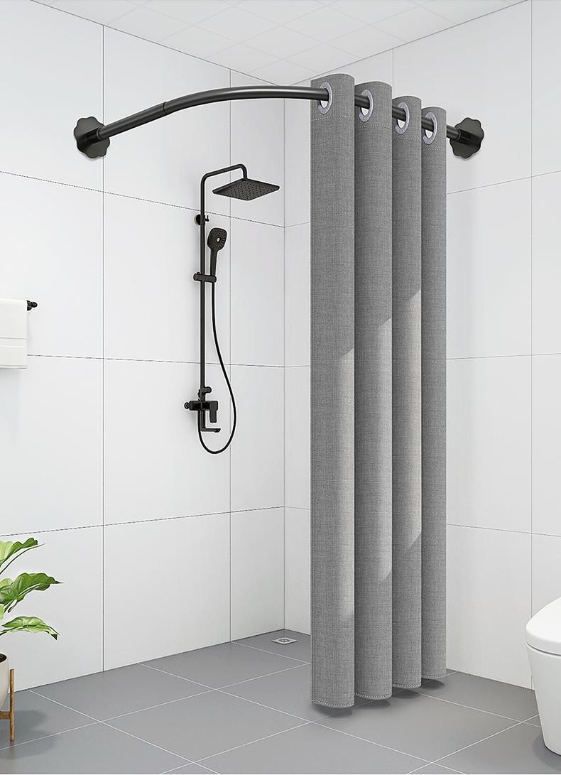 免打孔弧形杆卫生间防水浴帘套装u型洗澡淋浴隔断帘浴室布帘日式 暖沙